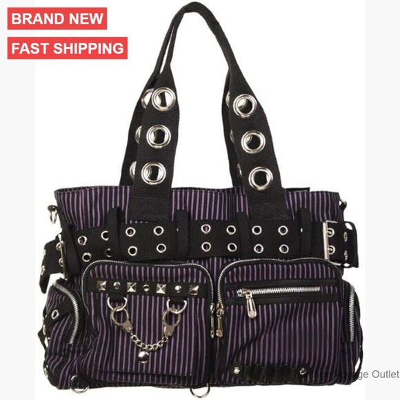 Handbags - Striped Canvas Shoulder Bag with Handcuff Charm, Adjustable Straps, 17x11